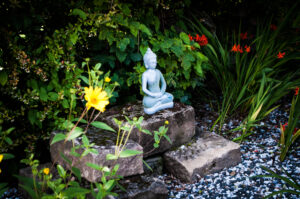 Buddha keeps a watchful eye on the sensory garden at Croft bungalow