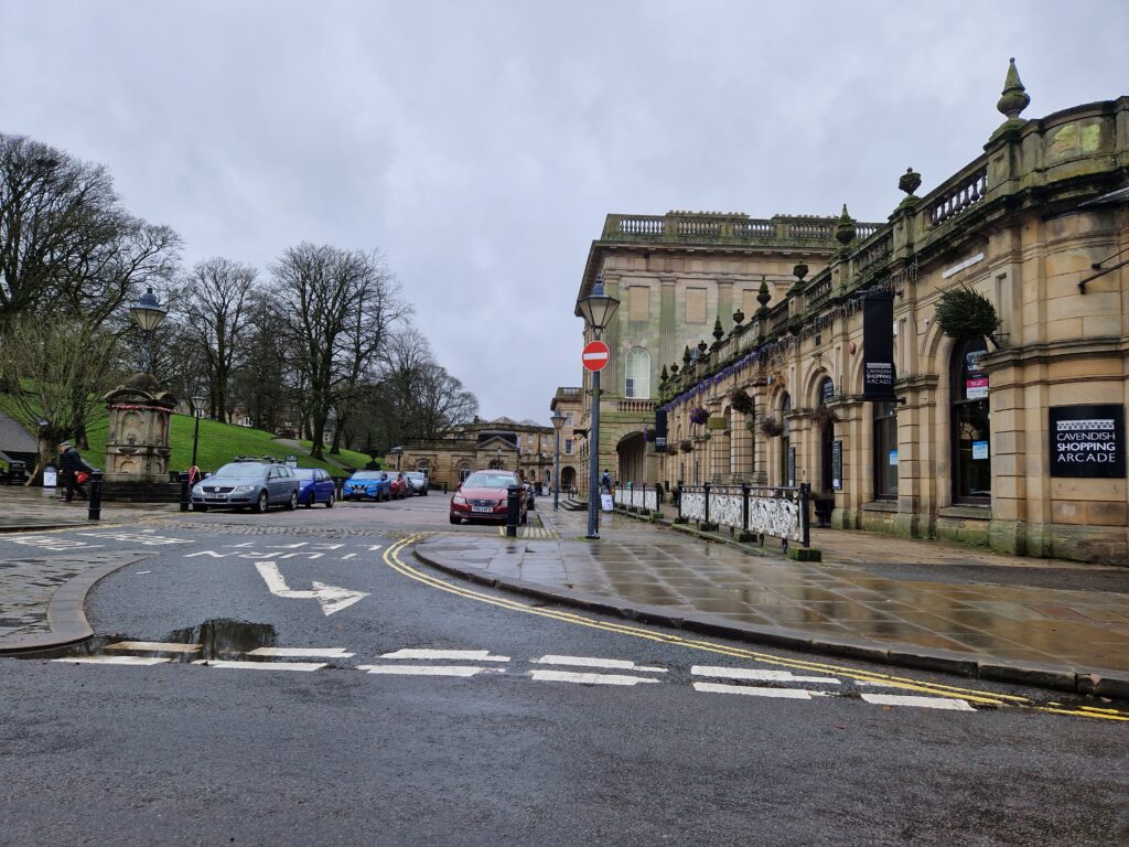 Buxton - a traditional English town with Victorian buildings, and a tradtional high street.